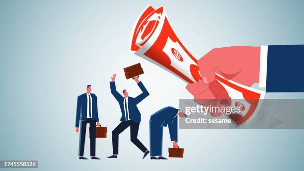 disappointed, heartbroken, undignified, humiliated and punished, huge hands holding banknotes and hammering a group of businessmen - legal problems stock illustrations
