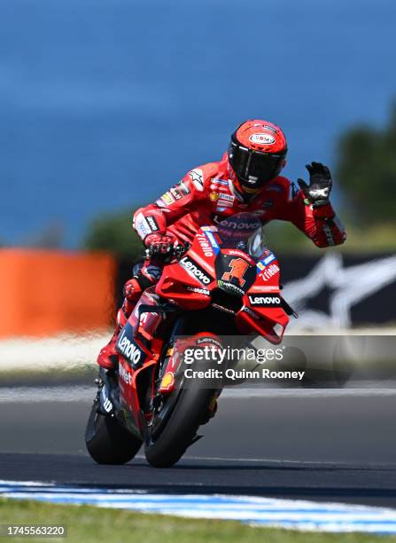 Francesco Bagnaia of Italy and the Ducati Lenovo Team waves to the crowd during free practice ahead of the 2023 MotoGP of Australia at Phillip Island...