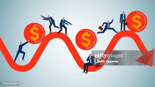 marketing market prices or stock market price fluctuations, business financial roller coasters, uncertainty of investment losses or profits, traders pushing gold coins on up and down arrows - hyperinflation stock illustrations