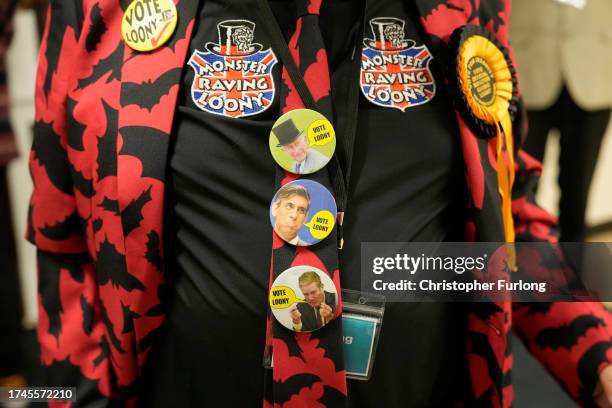 Member of The Official Monster Raving Loony Party waits for the results at The Rawlett School in the Tamworth by election on October 20, 2023 in...