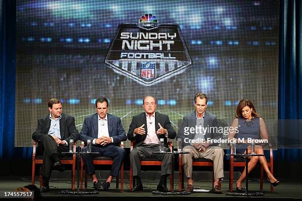 Chairman of NBC Sports Group Mark Lazarus, Producer Fred Gaudelli, Play-by-Play Sportscaster Al Michaels, Analyst Sportscaster Cris Collinsworth, and...