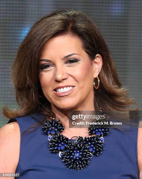 Sideline Reporter Michele Tafoya speaks onstage during the "Sunday Night Football" panel discussion at the NBC portion of the 2013 Summer Television...