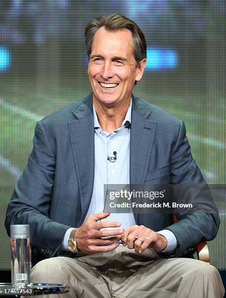 Analyst Sportscaster Cris Collinsworth speaks onstage during the "Sunday Night Football" panel discussion at the NBC portion of the 2013 Summer...