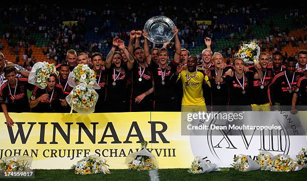 Captain, Siem de Jong of Ajax leads celebrations after victory in the Johan Cruyff Shield match between AZ Alkmaar and Ajax Amsterdam at the...