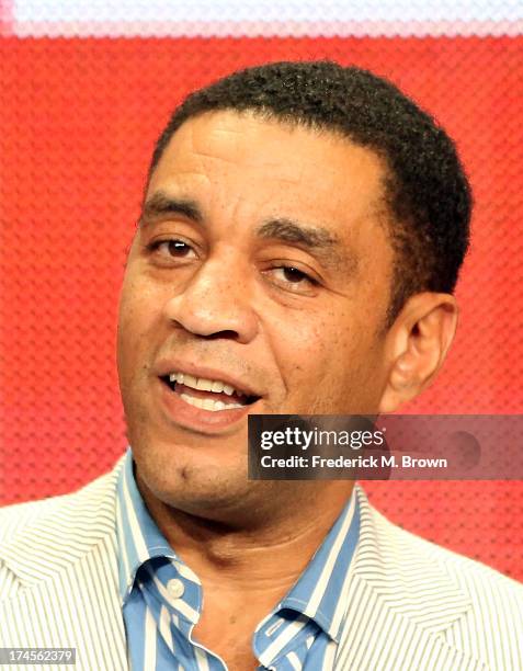 Actor Harry Lennix speaks onstage during "The Blacklist" panel discussion at the NBC portion of the 2013 Summer Television Critics Association tour -...