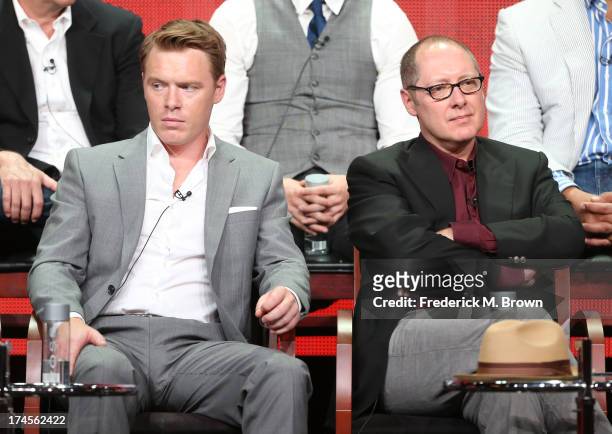 Actors Diego Klattenhoff and James Spader speak onstage during "The Blacklist" panel discussion at the NBC portion of the 2013 Summer Television...