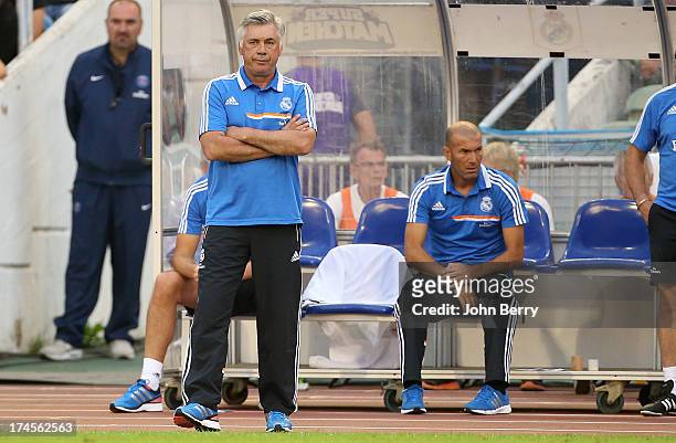 Carlo Ancelotti, coach of Real Madrid and Zinedine Zidane, assistant-coach of Real Madrid during the friendly match between Real Madrid and Paris...