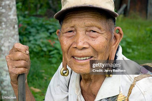 Portrait of a Kelabit elder with distended earlobes, formed by wearing massive brass earrings for years. For centuries, the Kelabit people have lived...