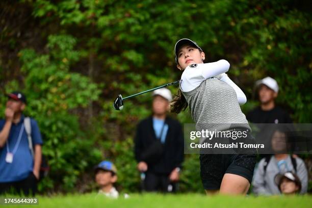 Yuri Yoshida of Japan hits her tee shot on the 2nd hole during the second round of NOBUTA Group Masters GC Ladies at Masters Golf Club on October 20,...