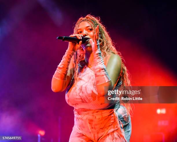 Mahalia performs at Eventim Apollo on October 19, 2023 in London, England.