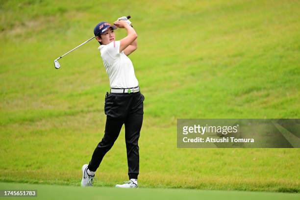 Akie Iwai of Japan hits her second shot on the 2nd hole during the second round of NOBUTA Group Masters GC Ladies at Masters Golf Club on October 20,...