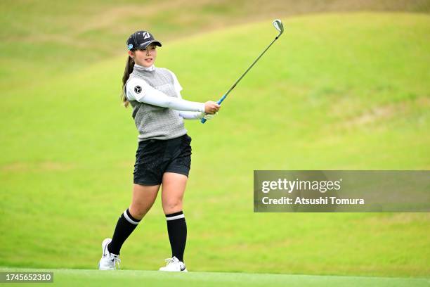Yuri Yoshida of Japan hits her second shot on the 2nd hole during the second round of NOBUTA Group Masters GC Ladies at Masters Golf Club on October...