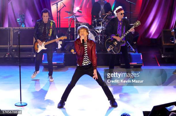 Ronnie Wood, Steve Jordan, Mick Jagger and Keith Richards perform during The Rolling Stones surprise set in celebration of their new album “Hackney...