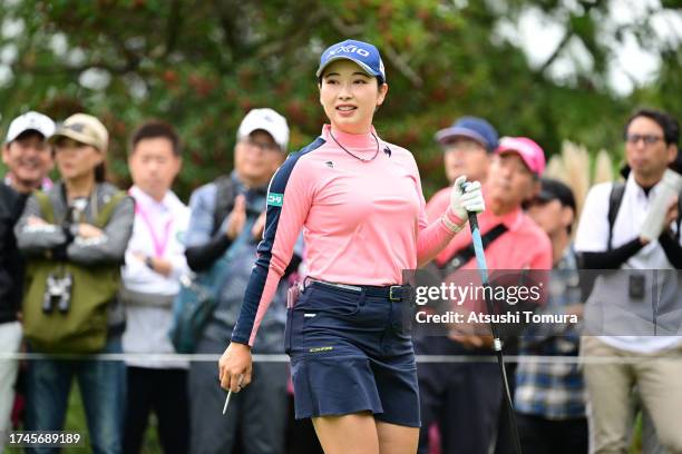 Sakura Koiwai of Japan is seen on the 3rd tee during the second round of NOBUTA Group Masters GC Ladies at Masters Golf Club on October 20, 2023 in...