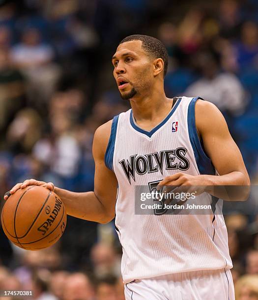 Brandon Roy of the Minnesota Timberwolves brings the ball up court during the preseason game between the of the Minnesota Timberwolves and the...