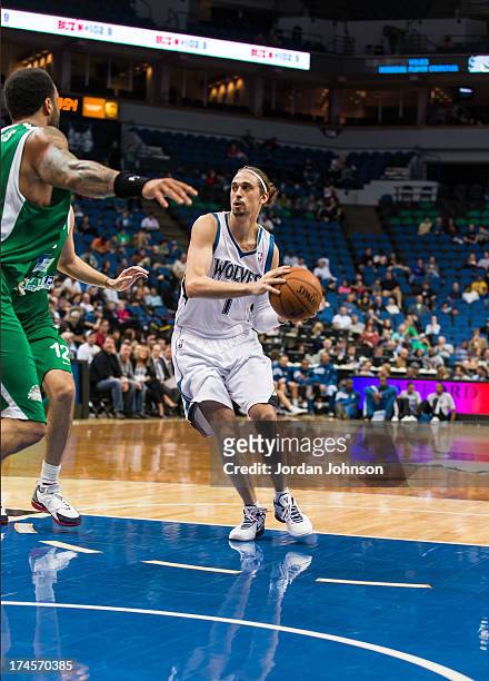 Alexey Shved of the Minnesota Timberwolves protects the ball during the preseason game between the of the Minnesota Timberwolves and the Maccabi...