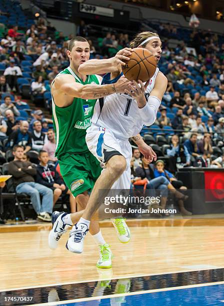 Alexey Shved of the Minnesota Timberwolves drives under pressure during the preseason game between the of the Minnesota Timberwolves and the Maccabi...