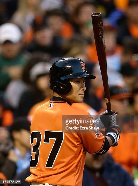 Kensuke Tanaka of the San Francisco Giants prepares to bat against the Arizona Diamondbacks at AT&T Park on July 19, 2013 in San Francisco,...