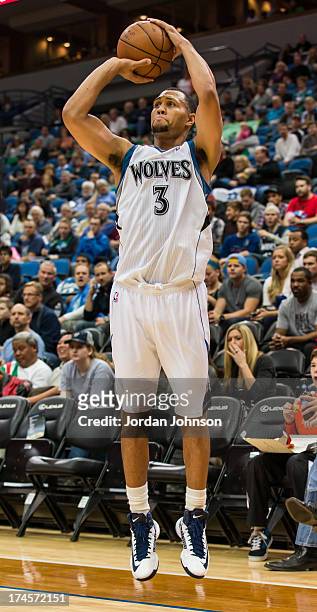 Brandon Roy of the Minnesota Timberwolves goes for a jump shot during the preseason game between the of the Minnesota Timberwolves and the Maccabi...