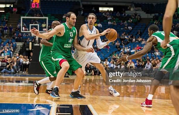 Alexey Shved of the Minnesota Timberwolves protects the ball during the preseason game between the of the Minnesota Timberwolves and the Maccabi...