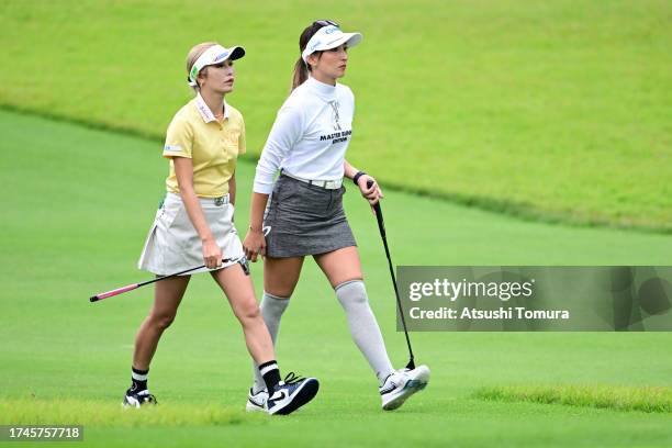 Kumiko Kaneda and Hana Wakimoto of Japan are seen 18 during the second round of NOBUTA Group Masters GC Ladies at Masters Golf Club on October 20,...