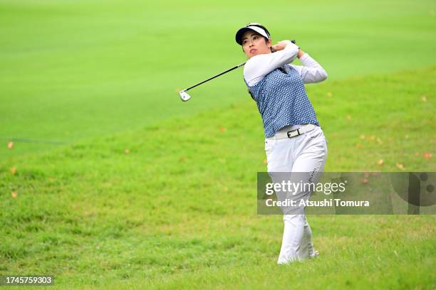 Haruka Amamoto of Japan hits second tee shot on the 9th hole during the second round of NOBUTA Group Masters GC Ladies at Masters Golf Club on...