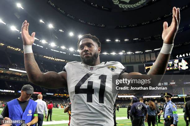 Josh Allen of the Jacksonville Jaguars reacts as he leaves the field after defeating the New Orleans Saints 31-24 at Caesars Superdome on October 19,...