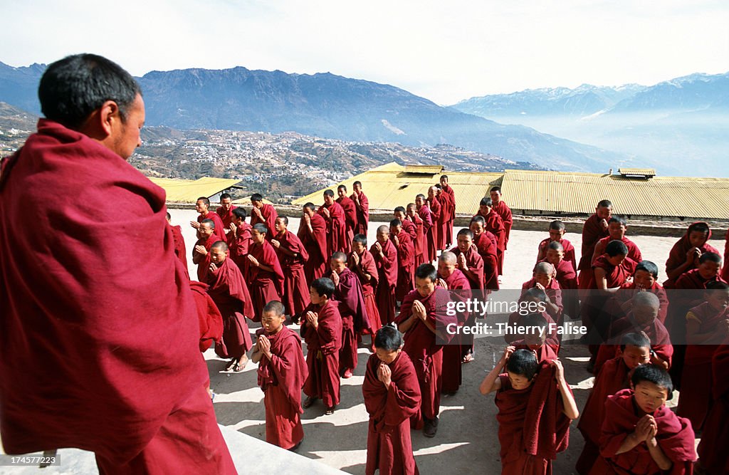 Morning gathering of the novices at the Tawang monastery in...