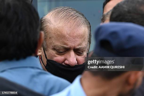 Pakistan's former prime minister and graft convict Nawaz Sharif arrives to appear before the High Court in Islamabad on October 26, 2023. A Pakistan...