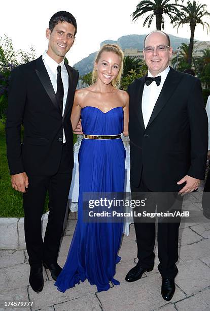 Novak Djokovic, Jelena Ristic and Prince Albert II of Monaco attend the cocktail at the 'Love Ball' hosted by Natalia Vodianova in support of The...