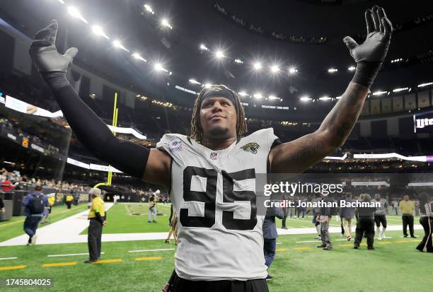 Roy Robertson-Harris of the Jacksonville Jaguars reacts as he leaves the field after defeating the New Orleans Saints 31-24 at Caesars Superdome on...