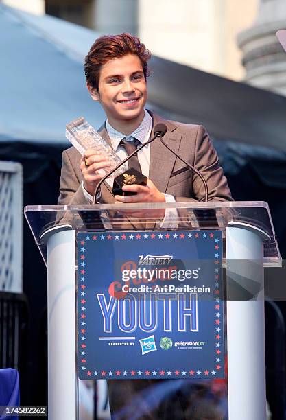 Honoree Jake T. Austin accepts award on stage druing Variety's Power of Youth presented by Hasbro, Inc. And generationOn at Universal Studios Backlot...