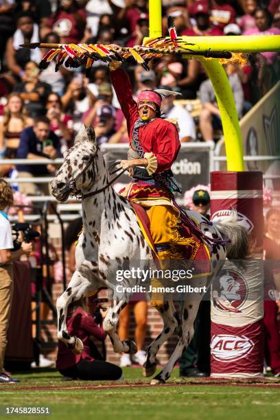 Mascot Osceola and Renegade of the Florida State Seminoles perform with a flaming spear before the start of a game between the Florida State...
