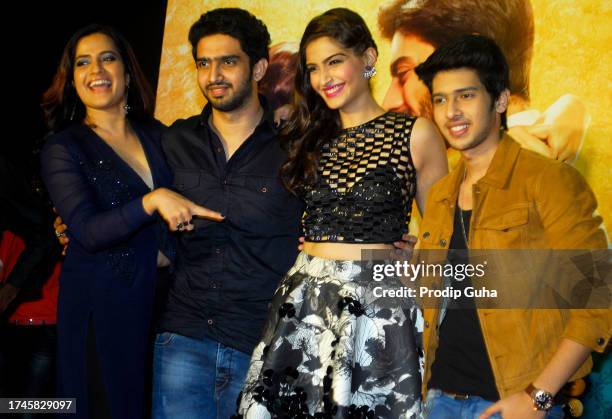 Sona Mahapatra,Amaal Malik, Sonam Kapoor and Armaan Malik attend the music launch of film 'Khoobsurat' on September 05,2014 in Mumbai, India