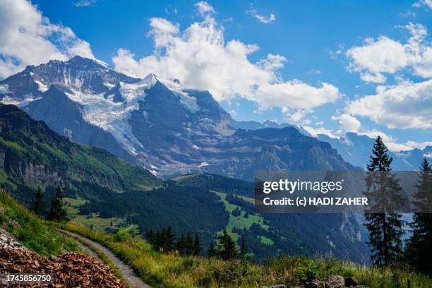 a summer view of eiger mountain and the landscape in the swiss alps - monch stock pictures, royalty-free photos & images