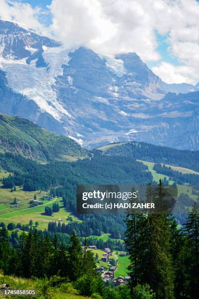 a summer view of eiger mountain and the landscape in the swiss alps - monch stock pictures, royalty-free photos & images