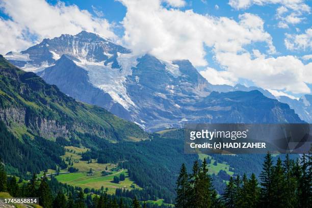 a summer view of eiger mountain and the landscape in the swiss alps - monch stock pictures, royalty-free photos & images