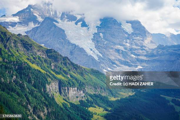 a summer view of eiger mountain and the contrasting landscape in the swiss alps - monch stock pictures, royalty-free photos & images