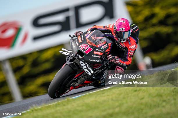 Aleix Espargaro of Spain and Aprilia Racing rides during free practice of the 2023 MotoGP of Australia at Phillip Island Grand Prix Circuit on...