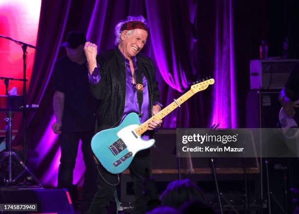 Keith Richards performs during The Rolling Stones surprise set in celebration of their new album “Hackney Diamonds” at Racket NYC on October 19, 2023...