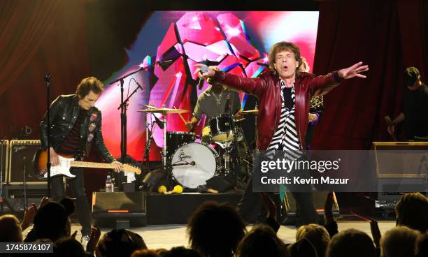 Ronnie Wood and Mick Jagger perform during The Rolling Stones surprise set in celebration of their new album “Hackney Diamonds” at Racket NYC on...