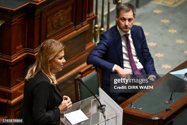 Open Vld's Goedele Liekens and Prime Minister Alexander De Croo pictured during a plenary session of the Chamber at the Federal Parliament in...