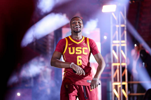 Bronny James of the USC Trojans is introduced during the Trojan HoopLA event at Galen Center on October 19, 2023 in Los Angeles, California.
