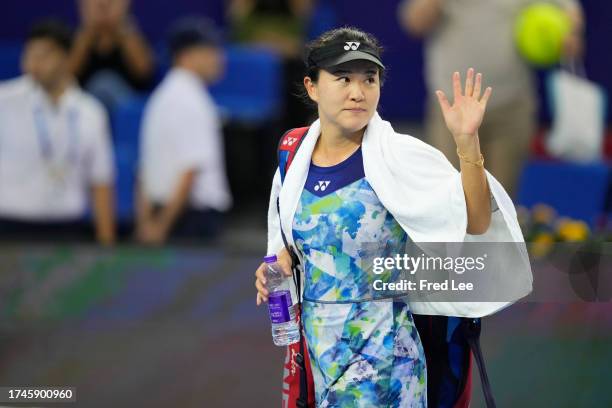 Zhu Lin of China leaves the court after losing Liudmila Samsonova in the women's singles round of 16 matches on Day 3 of the WTA Elite Trophy Zhuhai...