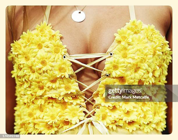 Girl wearing a floral bustier poses on day 3 of the 2013 Splendour In The Grass Festival on July 28, 2013 in Byron Bay, Australia.