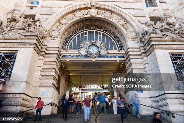 London Waterloo Station, a busy commuter station, part of the National Rail network in the United Kingdom.