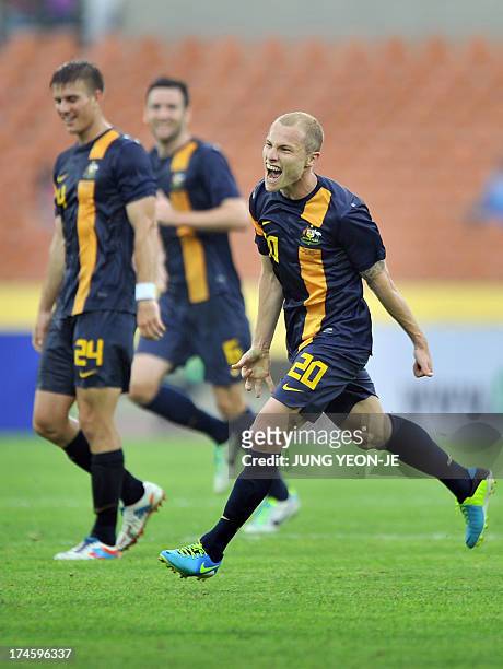 Australia's Aaron Frank Mooy celebrates after scoring against China during their East Asian Cup football match in Seoul on July 28, 2013. The match...