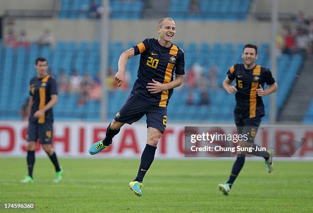 Aaron Mooy of Australia celebrates after scoring a goal during the EAFF East Asian Cup match between Australia and China at Jamsil Stadium on July...