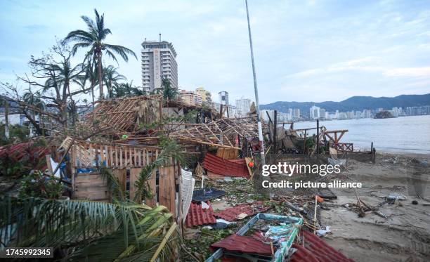 October 2023, Mexico, Acapulco: Damage is seen on the beach of the well-known and traditional Mexican beach resort after Hurricane "Otis" hit the...