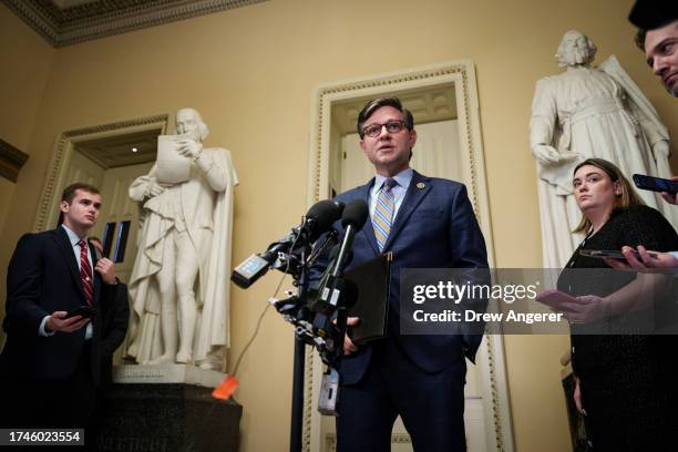 Speaker of the House Mike Johnson gives a brief statement to reporters about the mass shooting in Lewiston, Maine after a meeting with Australian...